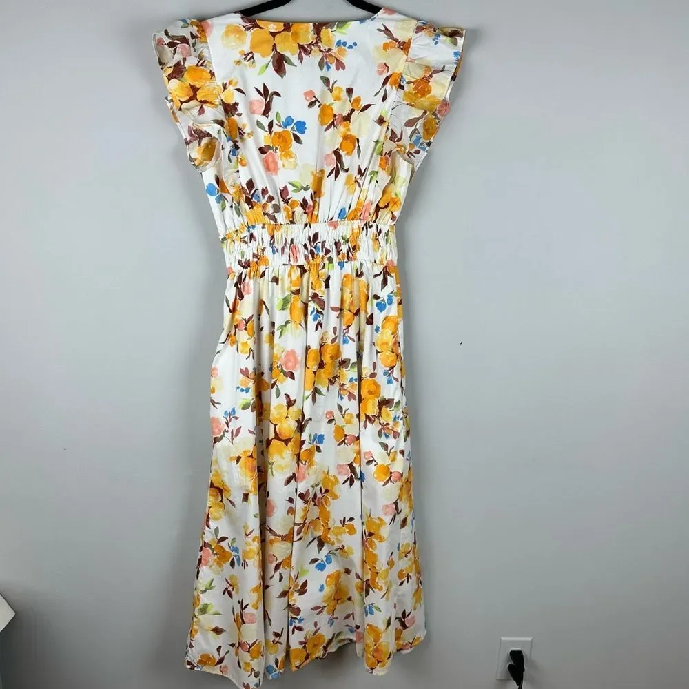 NWT Abercrombie & Fitch Yellow Ruffled Sleeve Floral Cotton Dress sz M